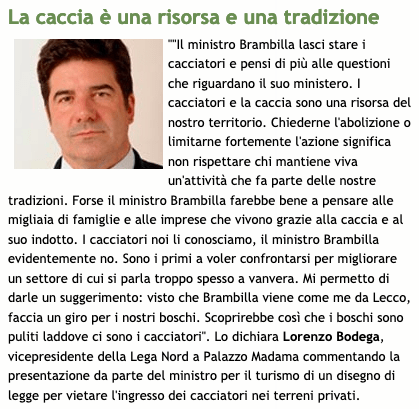 Post su sito Lega a favore della caccia